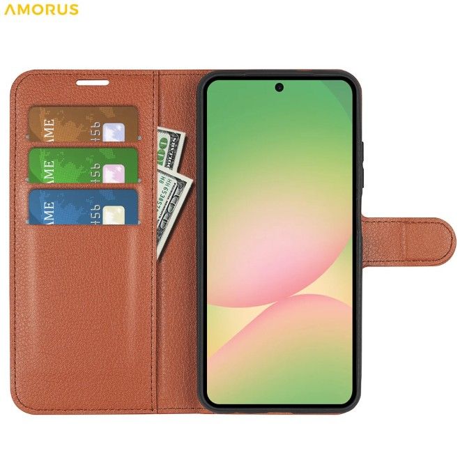 Amorus - Samsung Galaxy A57 Hülle - Leder Bookcover mit Litchitextur - braun