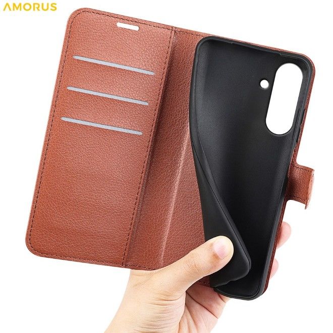 Amorus - Samsung Galaxy A57 Hülle - Leder Bookcover mit Litchitextur - braun