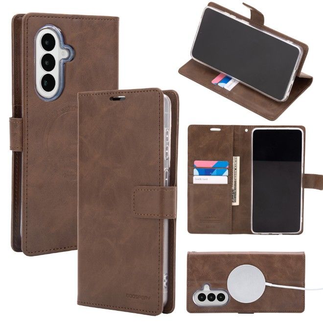 Goospery - Samsung Galaxy A37 Hülle - Leder Bookcover - Bluemoon Diary MagSafe Series - braun