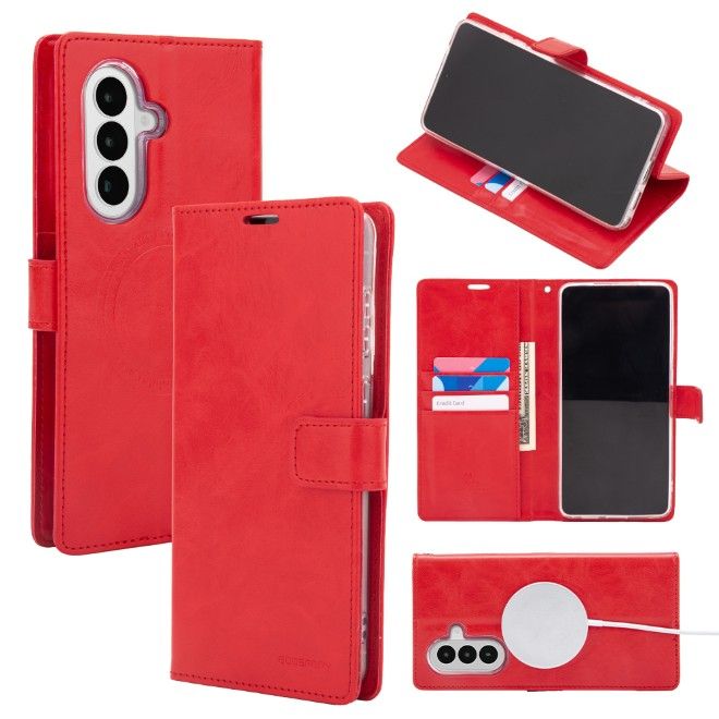 Goospery - Samsung Galaxy A37 Hülle - Leder Bookcover - Bluemoon Diary MagSafe Series - rot