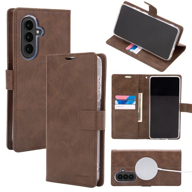 Goospery - Samsung Galaxy A57 Hülle - Leder Bookcover - Bluemoon Diary MagSafe Series - braun