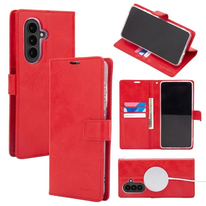 Goospery - Samsung Galaxy A57 Hülle - Leder Bookcover - Bluemoon Diary MagSafe Series - rot