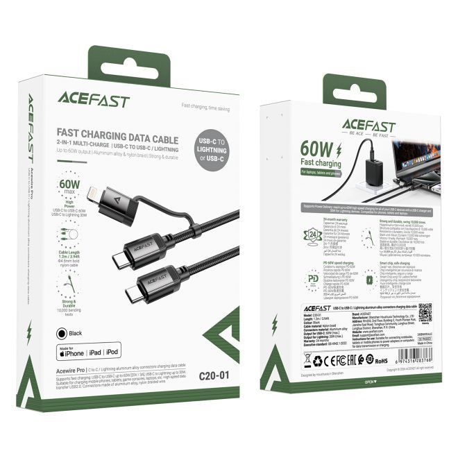 ACEFAST – 2-in-1 USB-C auf USB-C & Lightning Kabel 1.20 m Acewire Pro 60W/30W Nylon - schwarz