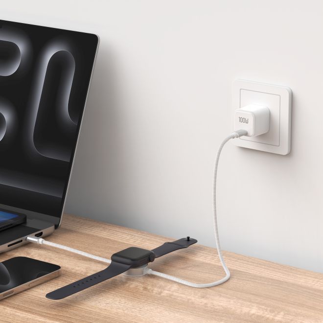 Budi – 2-in-1 USB-C Schnellladekabel 100 W mit Ladegerät für Apple Watch 1.5 m - weiss