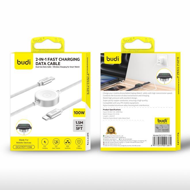 Budi – 2-in-1 USB-C Schnellladekabel 100 W mit Ladegerät für Apple Watch 1.5 m - weiss