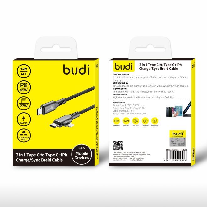 Budi – 2-in-1 USB-C auf USB-C + Lightning Ladekabel 65W PD, 1.20 m - schwarz