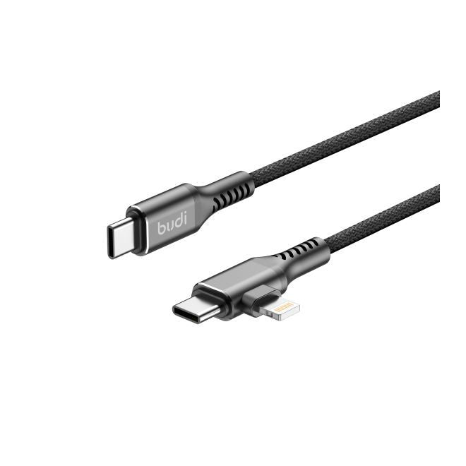 Budi – 2-in-1 USB-C auf USB-C + Lightning Ladekabel 65W PD, 1.20 m - schwarz