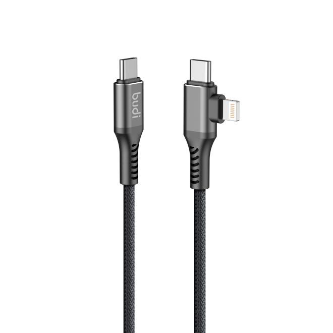 Budi – 2-in-1 USB-C auf USB-C + Lightning Ladekabel 65W PD, 1.20 m - schwarz