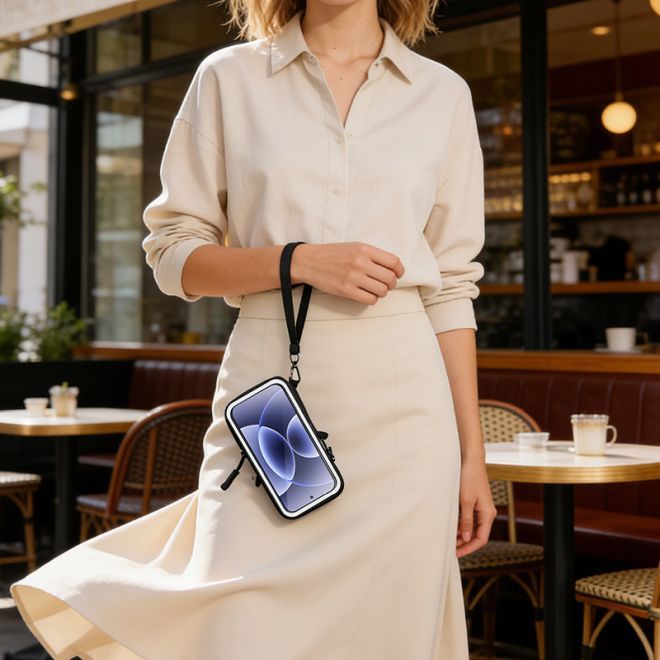 MU Classic – Umhängetasche für Handys bis ca. 7 Zoll mit Touchscreen-Fenster & rückseitigem Fach - schwarz