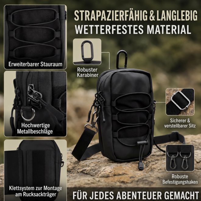 MU Classic – Outdoor Schultertasche für Handy mit Rucksackbefestigung und Karabiner - schwarz