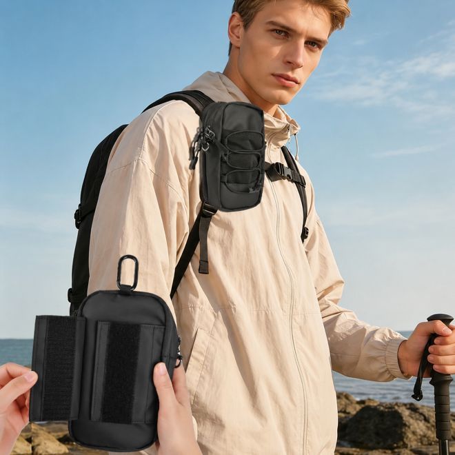 MU Classic – Outdoor Schultertasche für Handy mit Rucksackbefestigung und Karabiner - schwarz