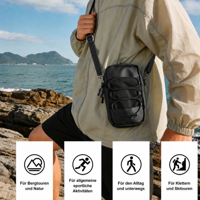 MU Classic – Outdoor Schultertasche für Handy mit Rucksackbefestigung und Karabiner - schwarz