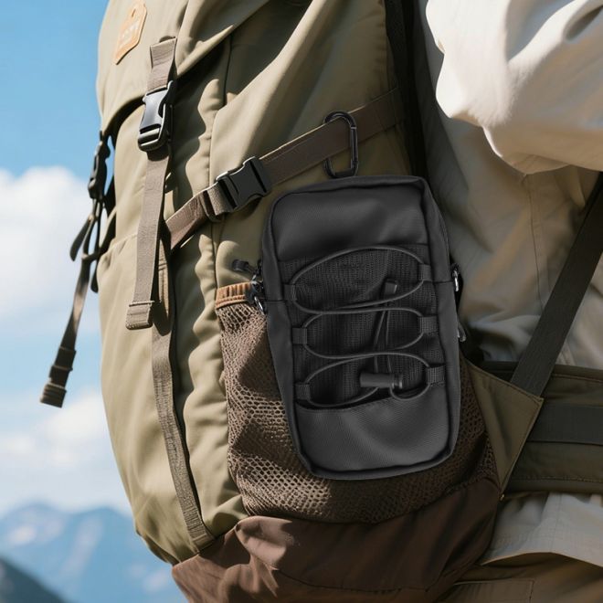 MU Classic – Outdoor Schultertasche für Handy mit Rucksackbefestigung und Karabiner - schwarz