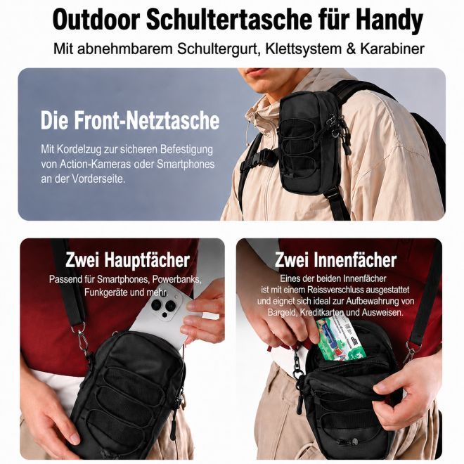 MU Classic – Outdoor Schultertasche für Handy mit Rucksackbefestigung und Karabiner - schwarz