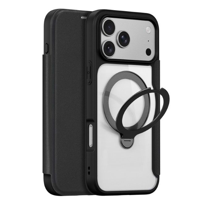Dux Ducis - iPhone 18 Pro Max / 17 Pro Max Hülle - Leder Bookcover mit Ring Standfunktion - Skin X Pro 360° Ring Stand Series - schwarz
