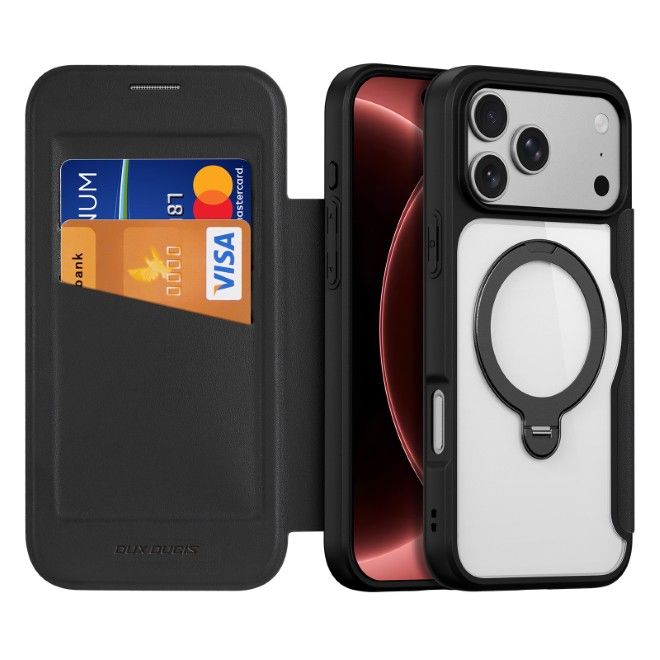 Dux Ducis - iPhone 18 Pro Max / 17 Pro Max Hülle - Leder Bookcover mit Ring Standfunktion - Skin X Pro 360° Ring Stand Series - schwarz