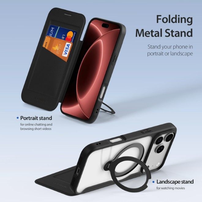 Dux Ducis - iPhone 18 Pro Max / 17 Pro Max Hülle - Leder Bookcover mit Ring Standfunktion - Skin X Pro 360° Ring Stand Series - schwarz