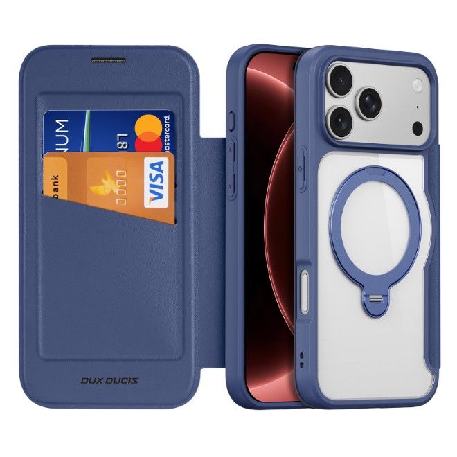 Dux Ducis - iPhone 18 Pro Max / 17 Pro Max Hülle - Leder Bookcover mit Ring Standfunktion - Skin X Pro 360° Ring Stand Series - blau