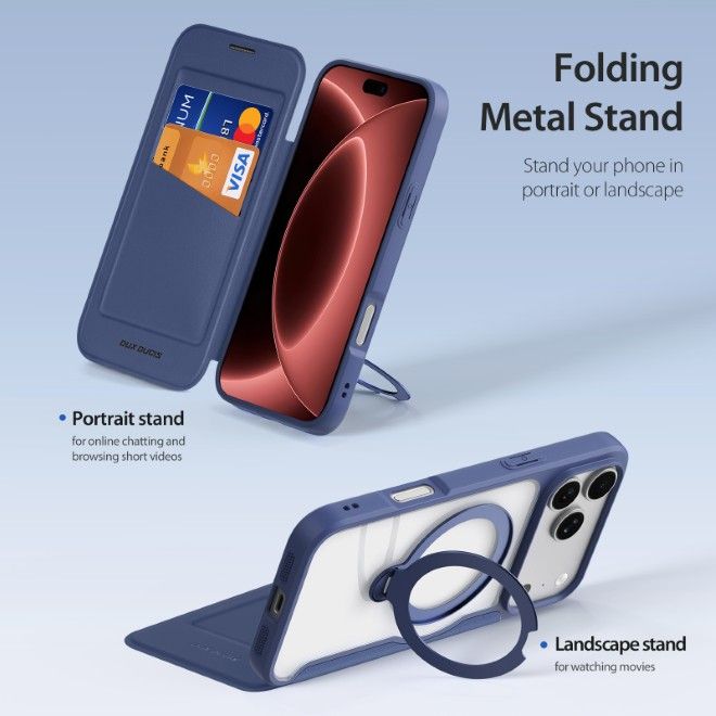 Dux Ducis - iPhone 18 Pro Max / 17 Pro Max Hülle - Leder Bookcover mit Ring Standfunktion - Skin X Pro 360° Ring Stand Series - blau