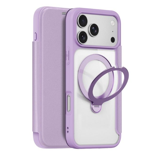 Dux Ducis - iPhone 18 Pro Max / 17 Pro Max Hülle - Leder Bookcover mit Ring Standfunktion - Skin X Pro 360° Ring Stand Series - purpur