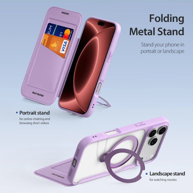 Dux Ducis - iPhone 18 Pro Max / 17 Pro Max Hülle - Leder Bookcover mit Ring Standfunktion - Skin X Pro 360° Ring Stand Series - purpur