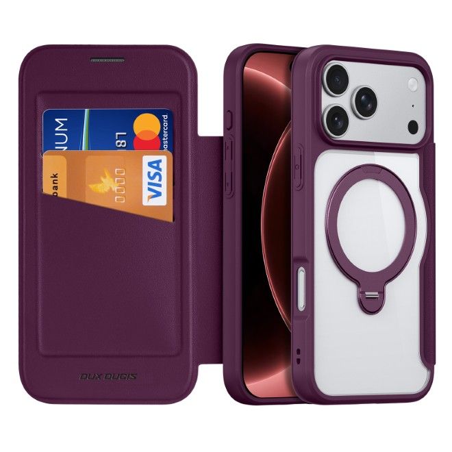 Dux Ducis - iPhone 18 Pro Max / 17 Pro Max Hülle - Leder Bookcover mit Ring Standfunktion - Skin X Pro 360° Ring Stand Series - violett