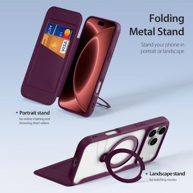 Dux Ducis - iPhone 18 Pro Max / 17 Pro Max Hülle - Leder Bookcover mit Ring Standfunktion - Skin X Pro 360° Ring Stand Series - violett
