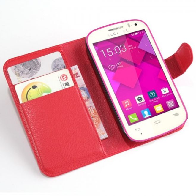 Alcatel One Touch Pop C3 Elegante Leder Case Hülle mit Standfunktion und Litchitextur - rot
