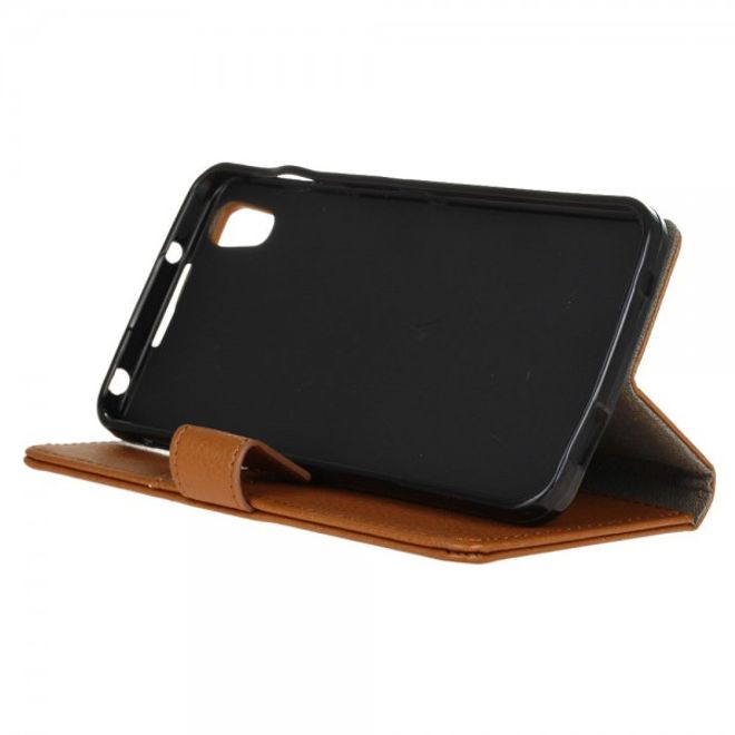 Alcatel OneTouch Idol 4 Klassische Leder Cover Handy Hülle mit Litchitextur und Standfunktion - braun