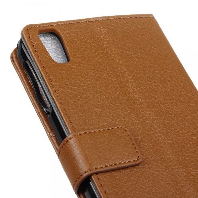 Alcatel OneTouch Idol 4 Klassische Leder Cover Handy Hülle mit Litchitextur und Standfunktion - braun