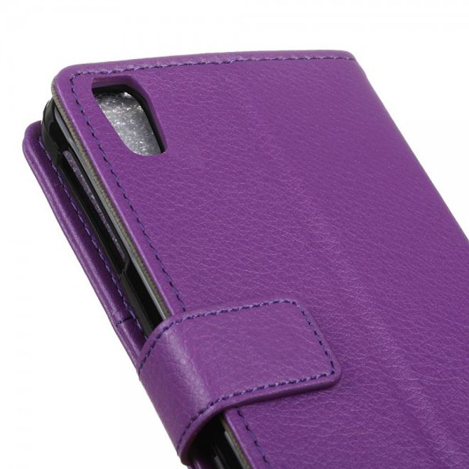 Alcatel OneTouch Idol 4 Klassische Leder Cover Handy Hülle mit Litchitextur und Standfunktion - purpur