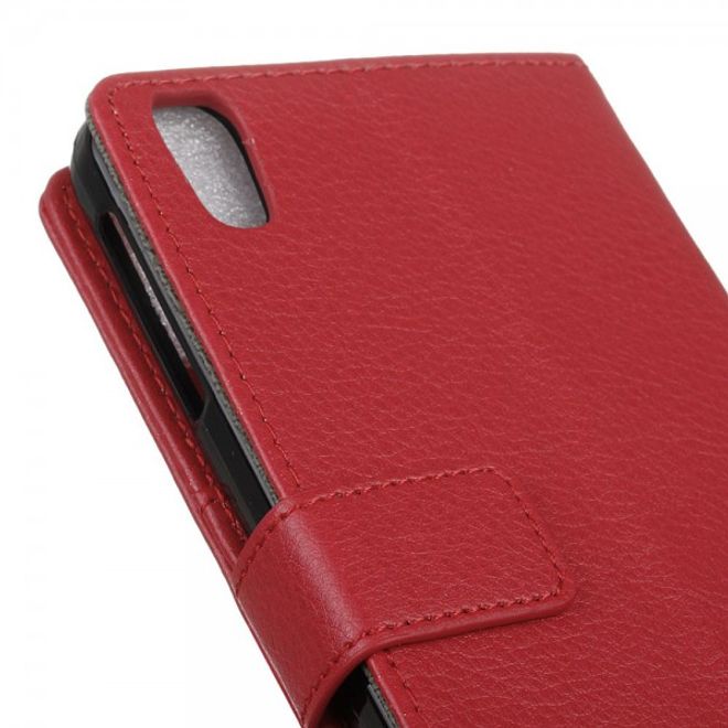 Alcatel OneTouch Idol 4 Klassische Leder Cover Handy Hülle mit Litchitextur und Standfunktion - rot
