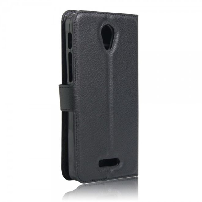 Alcatel OneTouch Pop 4+ Klassische Leder Case Hülle mit Litchitextur und Kreditkartenslots - schwarz