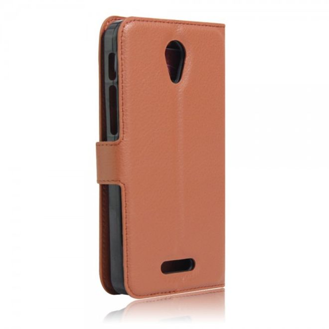 Alcatel OneTouch Pop 4+ Klassische Leder Case Hülle mit Litchitextur und Kreditkartenslots - braun