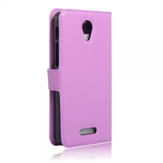 Alcatel OneTouch Pop 4+ Klassische Leder Case Hülle mit Litchitextur und Kreditkartenslots - purpur