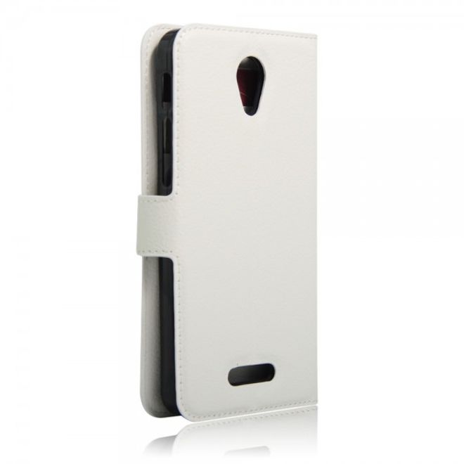 Alcatel OneTouch Pop 4+ Klassische Leder Case Hülle mit Litchitextur und Kreditkartenslots - weiss
