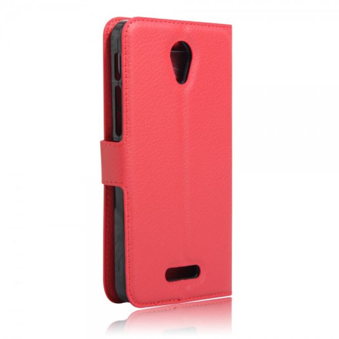 Alcatel OneTouch Pop 4+ Klassische Leder Case Hülle mit Litchitextur und Kreditkartenslots - rot