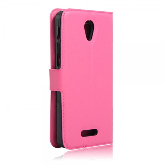 Alcatel OneTouch Pop 4+ Klassische Leder Case Hülle mit Litchitextur und Kreditkartenslots - rosa