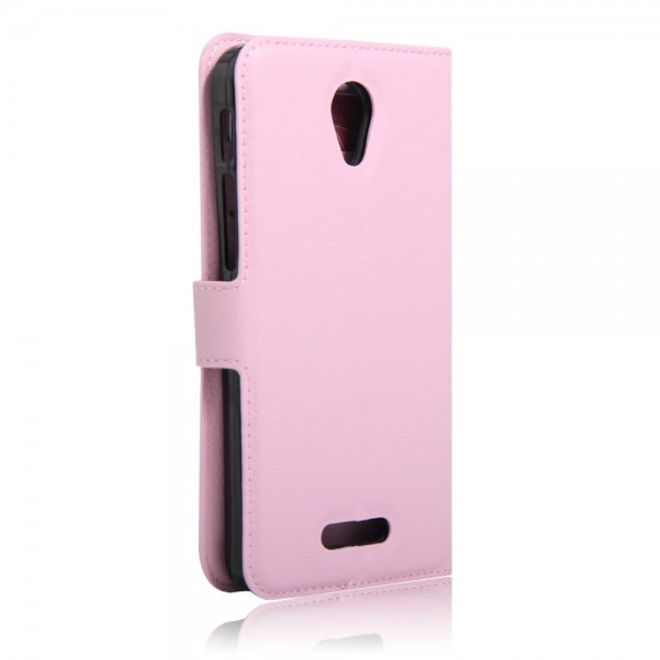 Alcatel OneTouch Pop 4+ Klassische Leder Case Hülle mit Litchitextur und Kreditkartenslots - pink