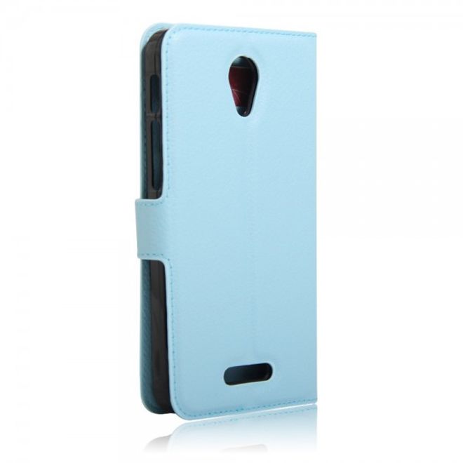 Alcatel OneTouch Pop 4+ Klassische Leder Case Hülle mit Litchitextur und Kreditkartenslots - hellblau