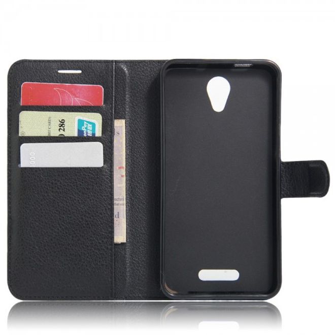 Alcatel OneTouch Pop 4+ Klassische Leder Case Hülle mit Litchitextur und Kreditkartenslots - schwarz