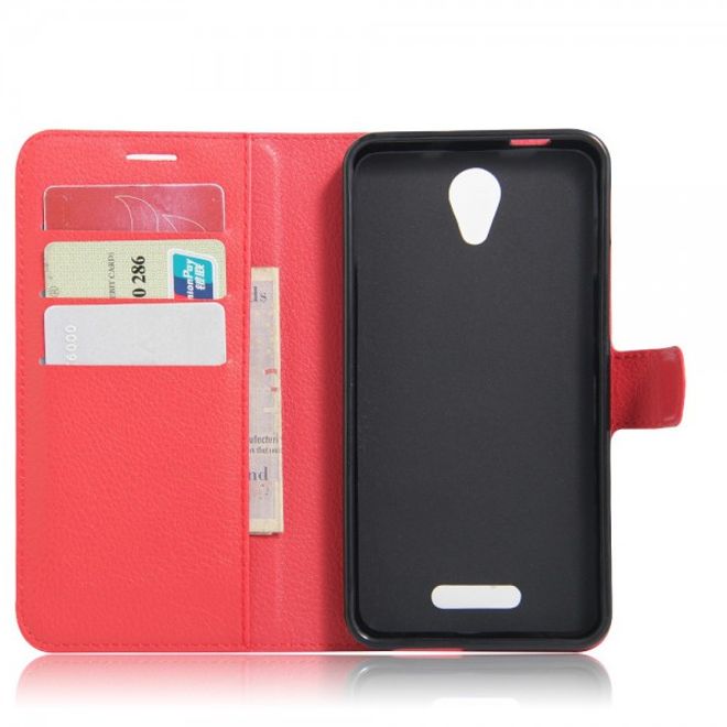 Alcatel OneTouch Pop 4+ Klassische Leder Case Hülle mit Litchitextur und Kreditkartenslots - rot