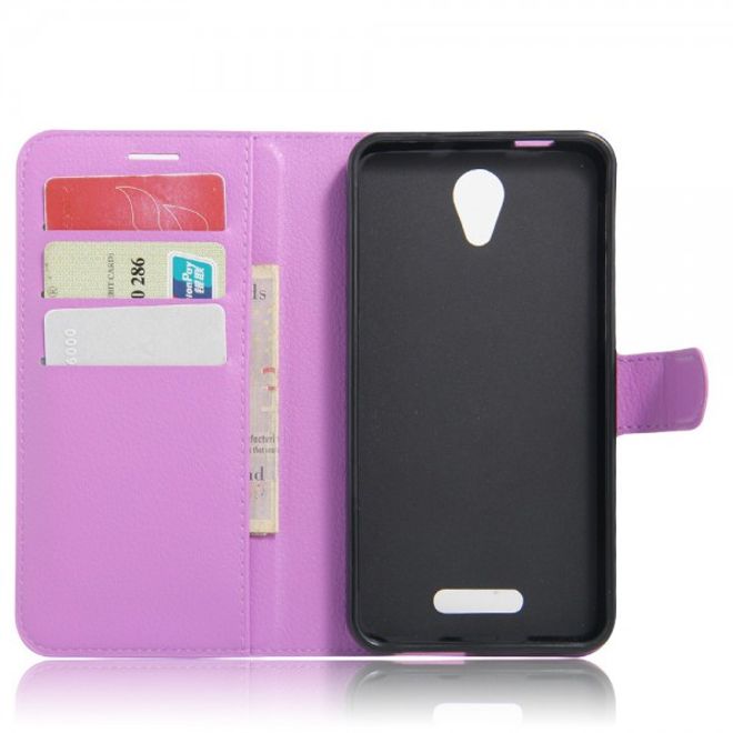 Alcatel OneTouch Pop 4+ Klassische Leder Case Hülle mit Litchitextur und Kreditkartenslots - purpur