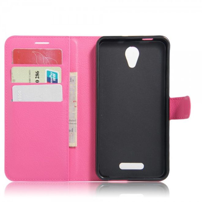 Alcatel OneTouch Pop 4+ Klassische Leder Case Hülle mit Litchitextur und Kreditkartenslots - rosa