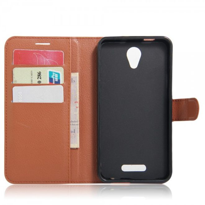 Alcatel OneTouch Pop 4+ Klassische Leder Case Hülle mit Litchitextur und Kreditkartenslots - braun