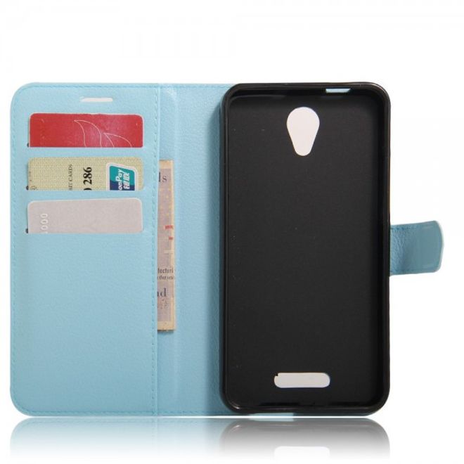 Alcatel OneTouch Pop 4+ Klassische Leder Case Hülle mit Litchitextur und Kreditkartenslots - hellblau