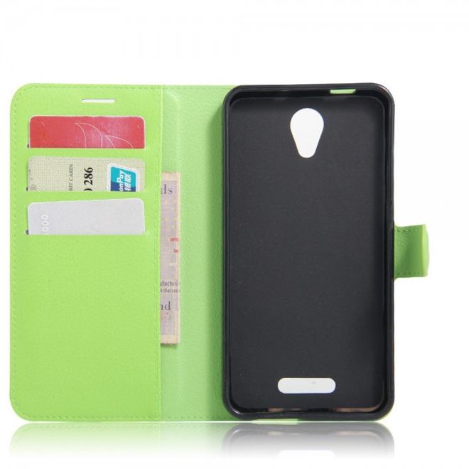 Alcatel OneTouch Pop 4+ Klassische Leder Case Hülle mit Litchitextur und Kreditkartenslots - grün
