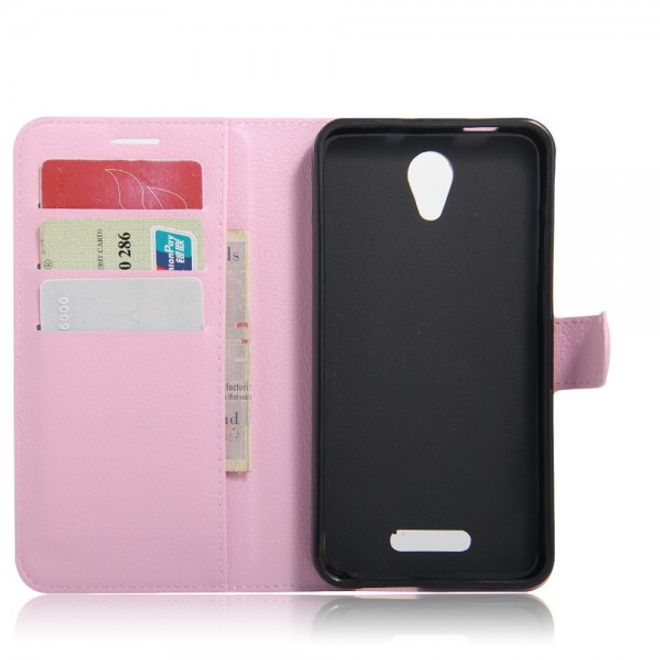Alcatel OneTouch Pop 4+ Klassische Leder Case Hülle mit Litchitextur und Kreditkartenslots - pink
