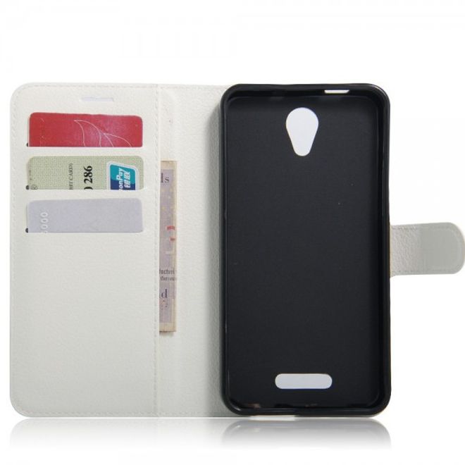 Alcatel OneTouch Pop 4+ Klassische Leder Case Hülle mit Litchitextur und Kreditkartenslots - weiss