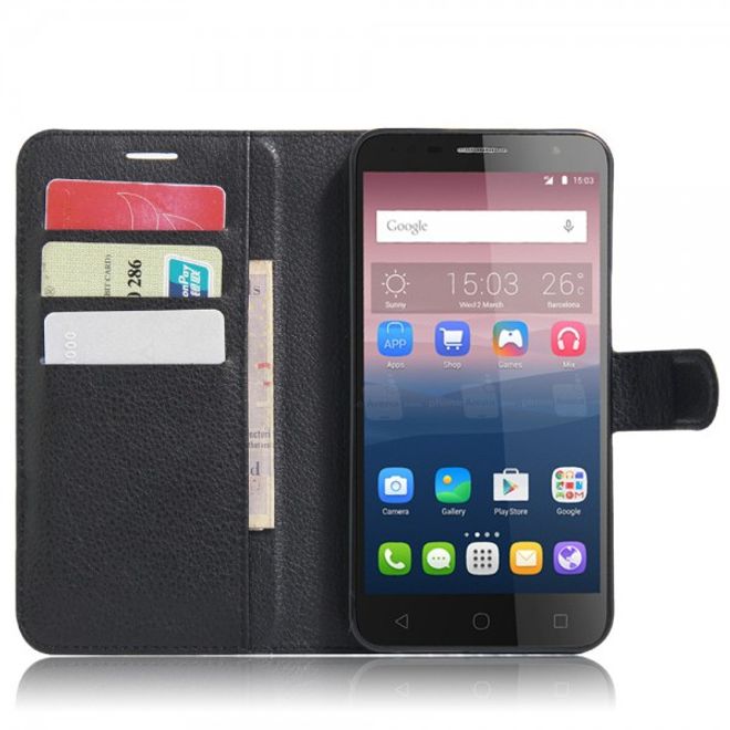 Alcatel OneTouch Pop 4+ Klassische Leder Case Hülle mit Litchitextur und Kreditkartenslots - schwarz